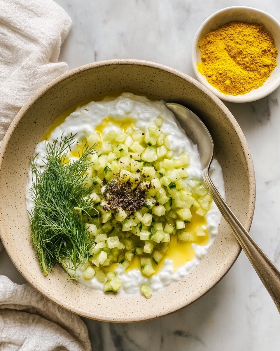 In a large speckled beige bowl, there is a base layer of thick white yogurt spread evenly. On top of this, finely diced light green cucumbers form a neat mound slightly off-center, with a small round pile of black pepper sprinkled in the middle. To one side of the cucumbers, a small bunch of fresh, feathery green dill sits. Golden yellow olive oil is drizzled around the yogurt's edge, creating a thin shiny ring. A silver spoon rests inside the bowl, leaning against the side with its handle extending outward. The bowl is placed on a white marbled surface, next to a small white bowl filled with bright yellow powder and a white cloth napkin. Photo taken with an iphone --ar 4:5 --v 7