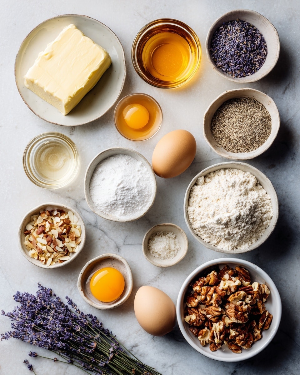 Top-down professional food photography, flat lay style, bright white marble countertop, neatly arranged, evenly spaced, tidy, clean organized layout, include: small plate of softened unsalted butter, small bowl of granulated sugar, small glass cup of honey, small plate with a large egg, small bottle of vanilla flavoring, bowl of all-purpose flour, small bowl of baking soda, small bowl of salt, small bowl of dried culinary lavender flowers, small bowl of finely chopped almonds or walnuts, small bowl of granulated sugar for topping, small bowl of dried lavender for sprinkling, bright soft natural lighting, sharp focus, high detail textures, realistic reflections, professional DSLR look, 4K, no finished dish, no cooked food, no hands, no text, no watermark, no brand logos --ar 4:5 --v 7