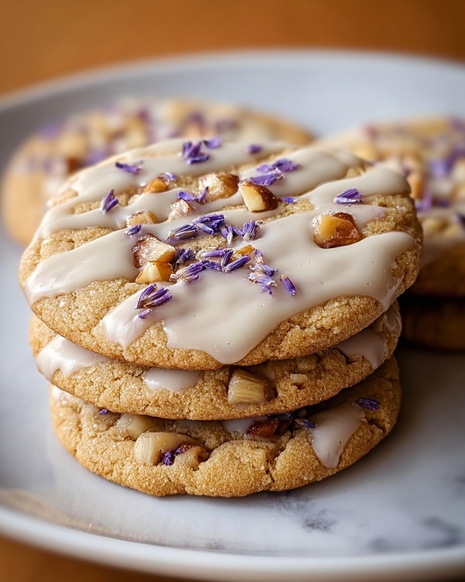 A stack of round cookies sits on a white plate, each cookie golden brown with a slightly cracked surface. The top cookie is drizzled with a smooth white icing in a zigzag pattern and decorated with small purple flower petals and chunks of nuts embedded evenly across the round cookie. The cookies underneath are partially visible, showing more of the same nut chunks and purple petals. The plate rests on a white marbled surface. photo taken with an iphone --ar 4:5 --v 7