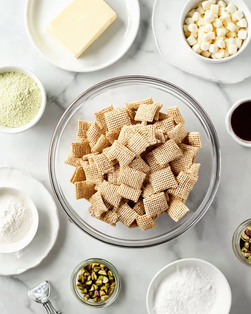A clear glass bowl filled with square cereal pieces that are light brown and textured with a grid pattern is centered on a white marbled surface. Surrounding it are multiple small white bowls and plates: one white plate holds a pale yellow stick of butter, a white bowl with white chocolate chips, another white bowl with light green powder, a small white bowl filled with white powdered sugar, a tiny glass jar with chopped green pistachios, and a small white dish containing a dark brown liquid. The whole setup has a clean, organized look with a focus on the ingredients. Photo taken with an iphone --ar 4:5 --v 7