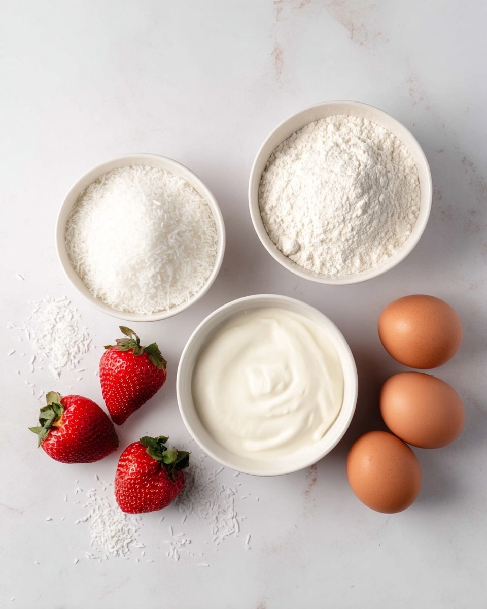 The image shows a white marbled surface with three small white bowls arranged in a slight triangle. The top left bowl is filled with white shredded coconut, the top right bowl has white powdery flour, and the bottom bowl contains smooth, creamy white yogurt or cream. To the right of the bowls, there are four brown eggs placed close together, and in the bottom left corner, there are three bright red strawberries with green leaves. Some white coconut flakes are scattered near the eggs and bowls, adding texture to the scene. photo taken with an iphone --ar 4:5 --v 7