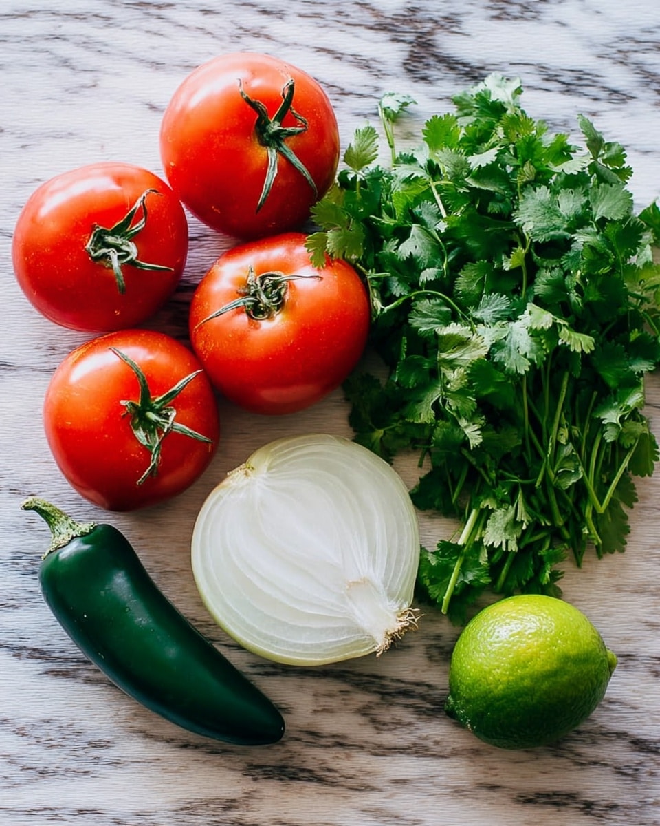 The image shows fresh ingredients laid out on a white marbled surface. On the left, there are four bright red tomatoes on the vine with green stems. In the center, a large white onion is cut in half, showing its layered rings. To the right of the onion, there is a bunch of fresh green cilantro with many leaves and stems. Near the cilantro, a dark green jalapeno pepper lies horizontally. At the bottom right, a whole lime with bright green skin is placed. The colors are vivid and the textures range from smooth and shiny tomatoes to the leafy, rough texture of the cilantro. photo taken with an iphone --ar 4:5 --v 7