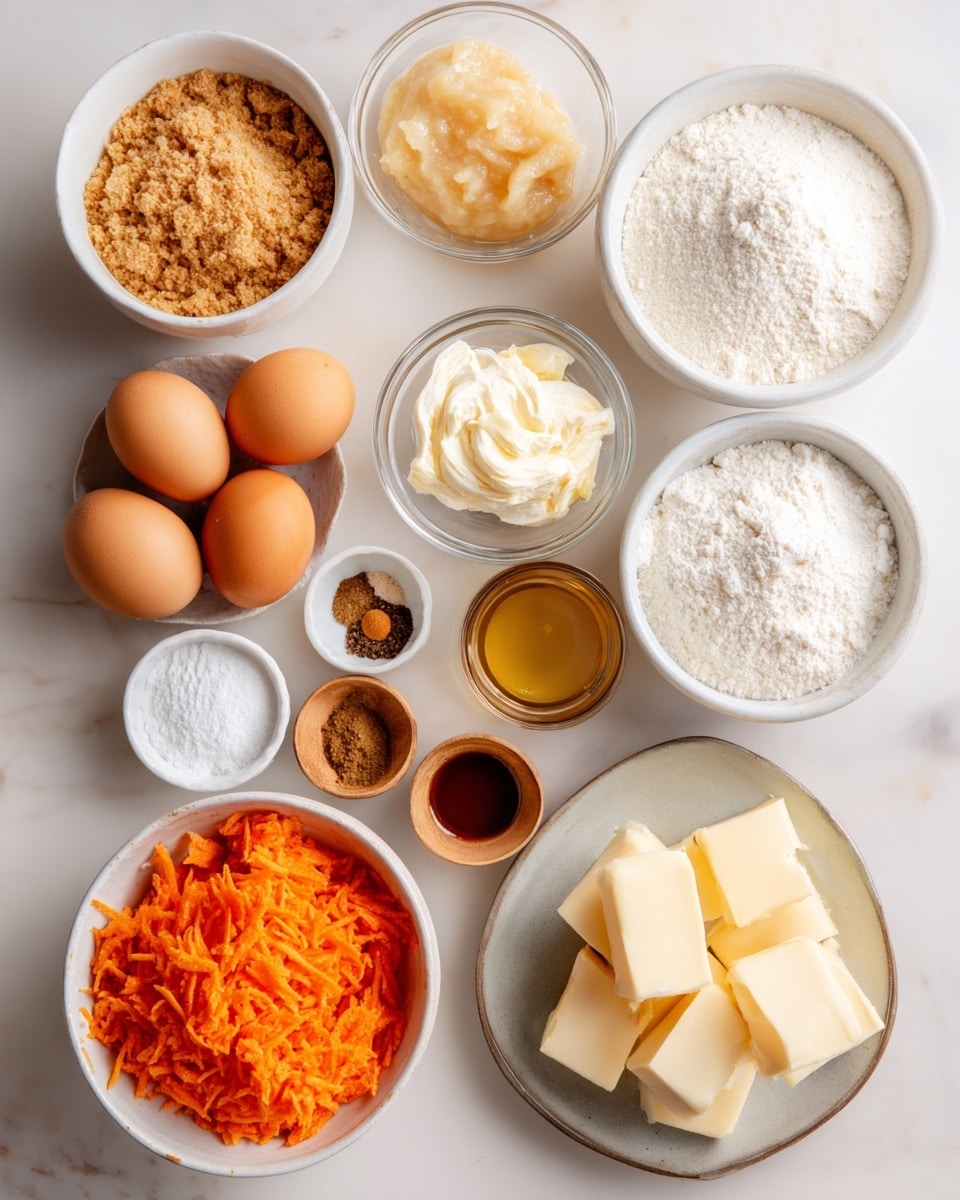 Several white bowls and small dishes are arranged on a white marbled surface, each holding different baking ingredients. Starting from the top left, there is a bowl with light brown crumbly sugar, next to a small glass bowl with creamy applesauce. To the right is a bowl filled with white powdered sugar. Below these, a white bowl with white cream cheese, a clear glass bowl with four brown eggs, and another bowl holding white granulated sugar. In the center, a small white dish contains four different spices in brown and beige tones. At the bottom, a small dish holds amber vanilla extract, next to a wooden bowl with white baking powder, a white bowl filled with pale yellow oil, and a light gray plate with several cubes of pale yellow butter. On the left side, a clear bowl is filled with bright orange shredded carrots. The ingredients are neatly placed, showcasing a variety of textures and warm to neutral colors. Photo taken with an iphone --ar 4:5 --v 7