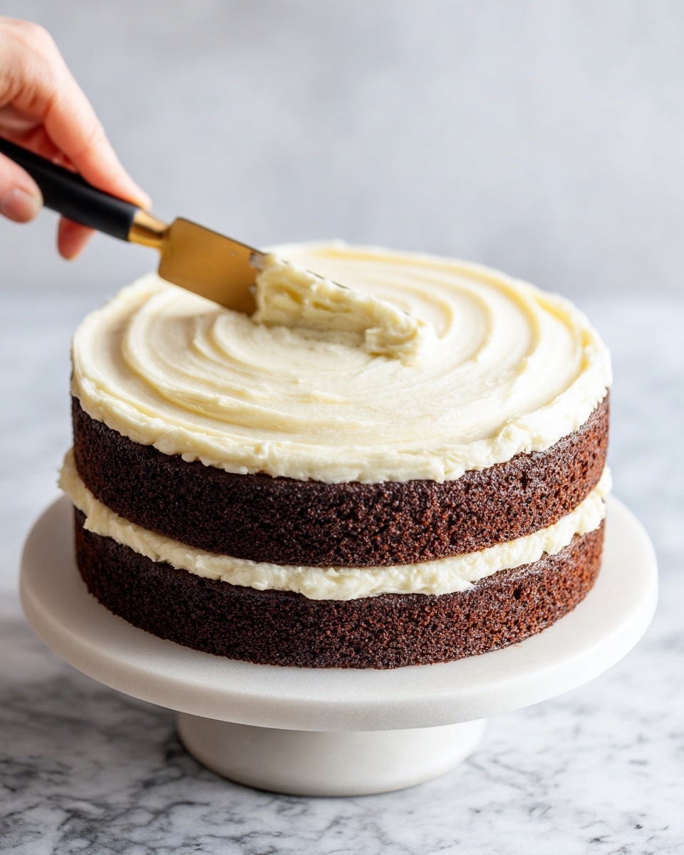 A two-layer round cake sits on a white cake stand with a slightly raised edge, placed on a white marbled surface. The cake's layers are dark brown, with a smooth, thick layer of white frosting between them. The top layer is evenly covered with a creamy white frosting that has a smooth texture with gentle swirls. A woman's hand holds a spatula with a gold blade and black handle, spreading the frosting on the cake's side with some frosting slightly dripping down. The scene looks bright and clean, focusing closely on the cake's decoration process. photo taken with an iphone --ar 4:5 --v 7