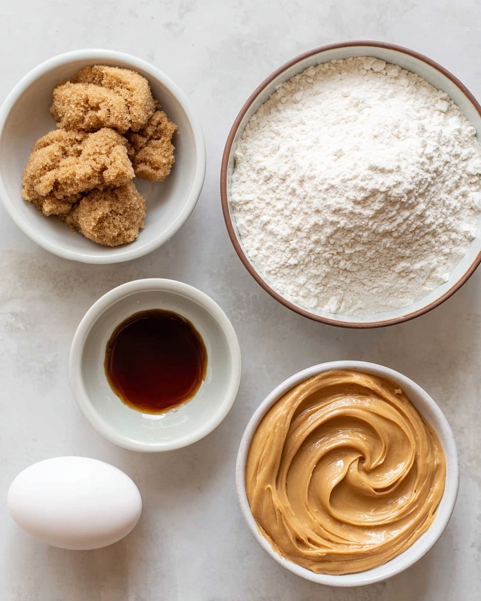 The image shows five white dishes and a white egg arranged on a white marbled surface. In the top right is a white bowl filled with smooth, creamy peanut butter that has soft swirls on its surface. To its left, a white bowl holds clumps of brown sugar with a grainy texture. Below the peanut butter is a larger white bowl with a brown rim, filled with white flour, some of which is slightly clumped. To the left of the flour bowl is a small white dish containing a dark amber liquid, likely vanilla extract. At the bottom left of the image sits a single white egg, smooth and positioned upright. photo taken with an iphone --ar 4:5 --v 7