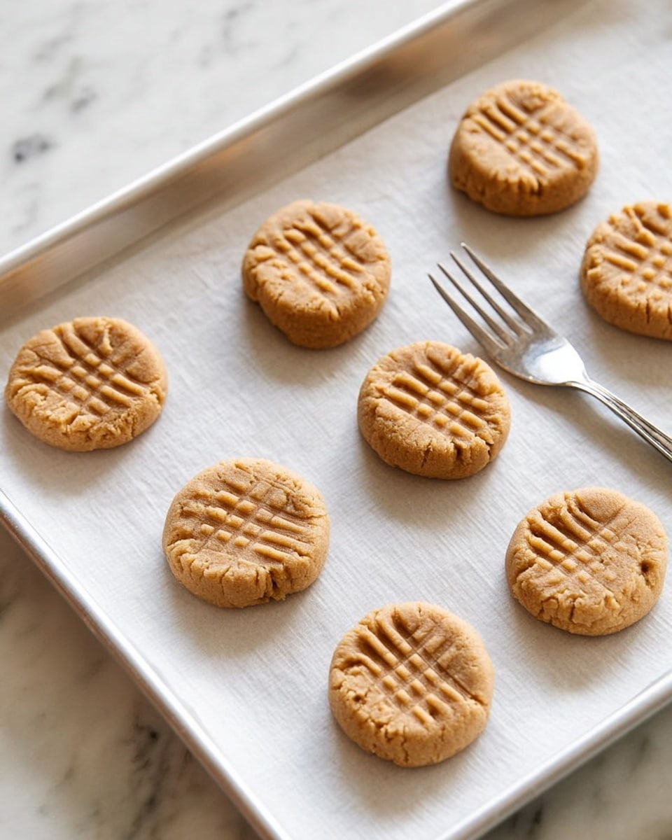 There are seven round peanut butter cookie dough pieces placed on a white baking tray lined with parchment paper. Each dough piece has a light brown color and is flattened with fork marks creating a crisscross pattern on the top. The cookies are evenly spaced with a visible silver fork laying diagonally among them on the tray. The whole setup is on a white marbled surface. photo taken with an iphone --ar 4:5 --v 7