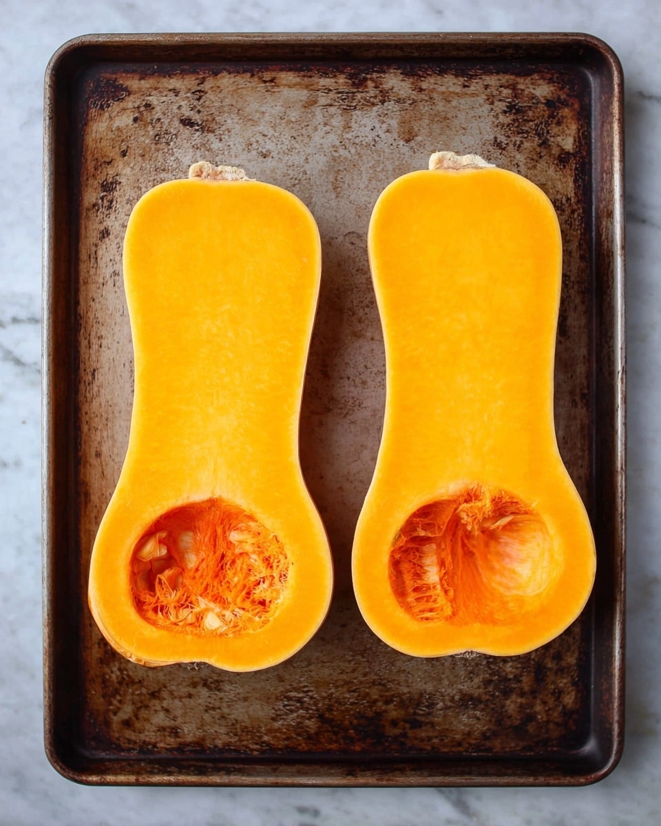 Two halves of a bright orange butternut squash lie flat side up on a metal baking tray. Each half shows a smooth, shiny flesh with a hollowed-out seed cavity near the top, showing some fibrous texture inside. The baking tray is worn and has dark spots on its surface, contrasting with the vivid orange squash. The background is a white marbled texture. photo taken with an iphone --ar 4:5 --v 7