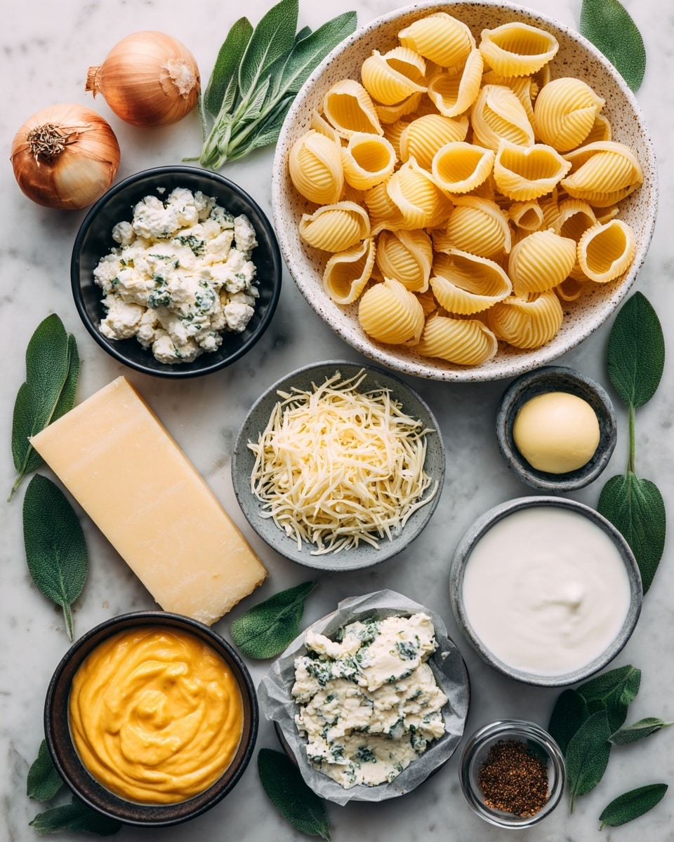 A top-down view of several cooking ingredients arranged neatly on a white marbled surface showing a large white speckled bowl filled with uncooked, large, ridged yellow pasta shells near the top right. Around it are fresh green sage leaves, a small ball of pale yellow butter in a black bowl, a black bowl with white powder, shredded light yellow cheese in a white bowl, a white bowl with bright orange puree, a gray bowl with thick white cream, a white bowl with milk, and a black bowl with ground brown spice. There are also two thick slices of pale yellow cheese with herbs still in plastic wrap, a whole light brown onion, a garlic bulb, and scattered sage leaves placed around the items. The photo taken with an iphone --ar 4:5 --v 7