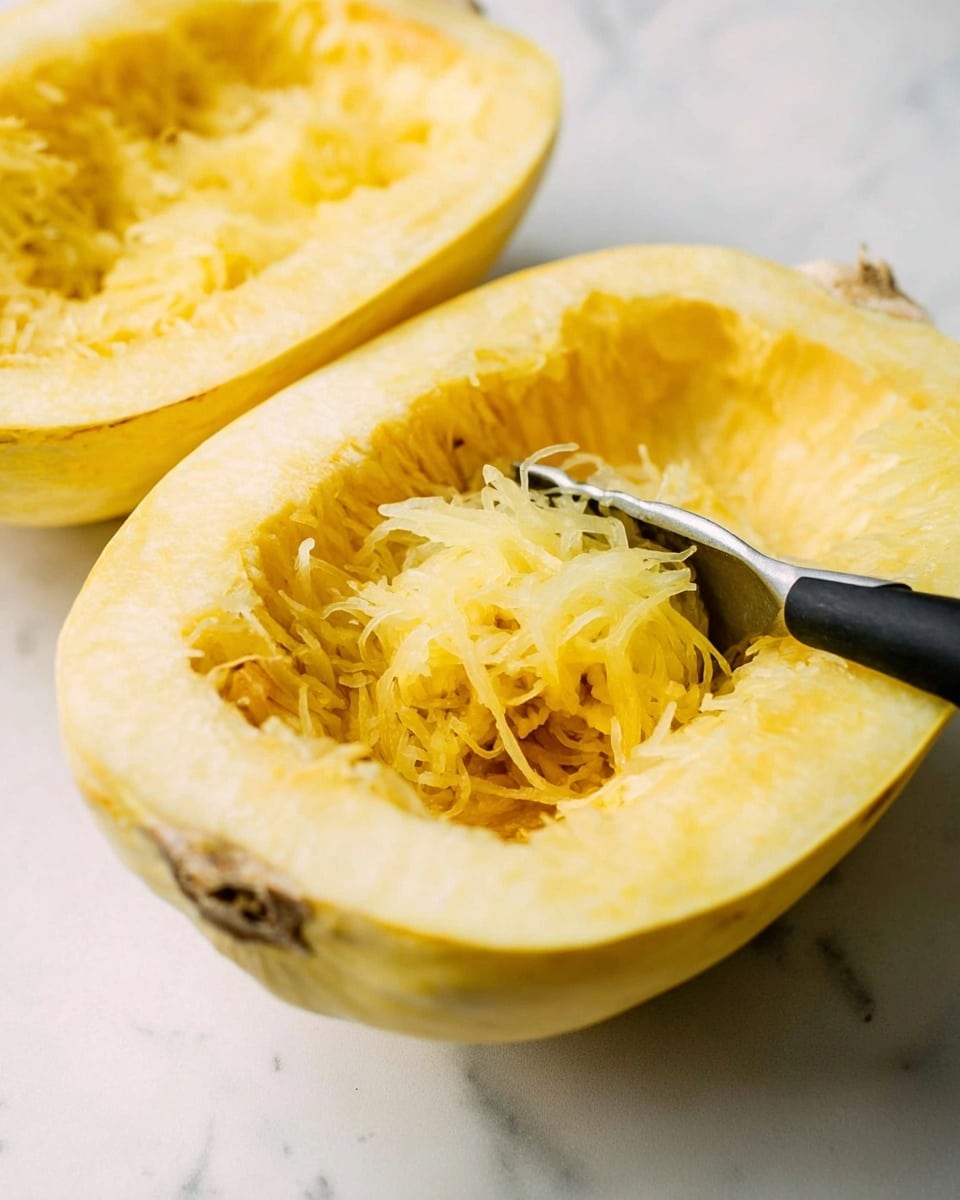 The image shows a close-up of a spaghetti squash cut in half with the inside flesh and seeds exposed. A black-handled scoop is digging into the center cavity filled with pale yellow stringy flesh and white seeds. The squash's outer skin is light yellow, and the inside surface is smooth with a slightly shiny texture. The halves rest on a white marbled surface, creating a clean and bright background. photo taken with an iphone --ar 4:5 --v 7