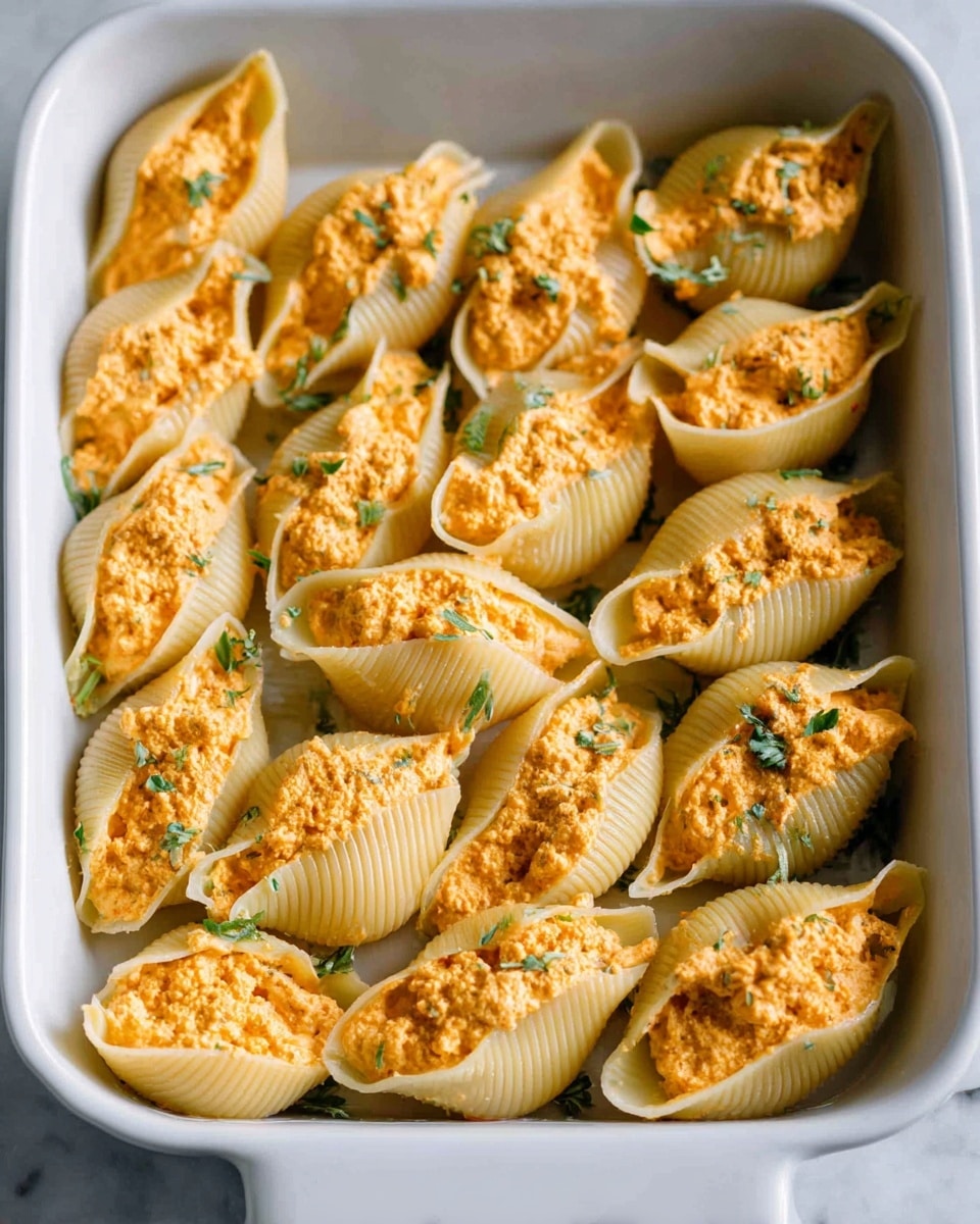 This image shows a white baking dish filled with large pasta shells arranged in neat rows. Each shell is stuffed with an orange creamy filling that has a slightly chunky texture. Small pieces of green herbs are sprinkled on top of the filling, adding contrast to the orange and creamy pale yellow of the pasta. The dish sits on a white marbled surface, and the lighting is soft, highlighting the smooth and slightly ridged texture of the pasta shells. photo taken with an iphone --ar 4:5 --v 7