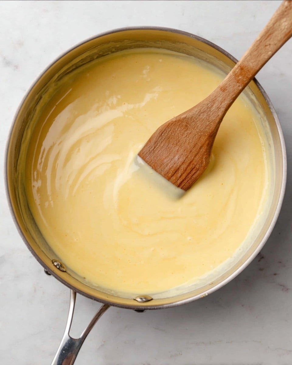 A metal pan filled with a smooth, light yellow creamy sauce that has a shiny surface. A wooden spatula is resting inside the pan, angled slightly to the right, showing its worn, textured grain. The pan sits on a white marbled surface, with slight shadowing under it. The sauce looks warm and gently stirred, with some soft swirls near the top edge. photo taken with an iphone --ar 4:5 --v 7