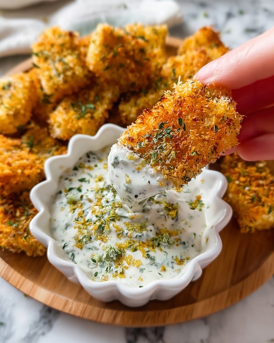 A woman's hand is holding a golden brown crispy rectangular piece coated with crumbs and small green herbs, dipped in a creamy white sauce with visible small green pieces and sprinkled with herb flakes and crumbs. The sauce sits in a white scalloped bowl placed on a round wooden tray, surrounded by more crispy crumb-coated pieces. The background is a white marbled surface. photo taken with an iphone --ar 4:5 --v 7