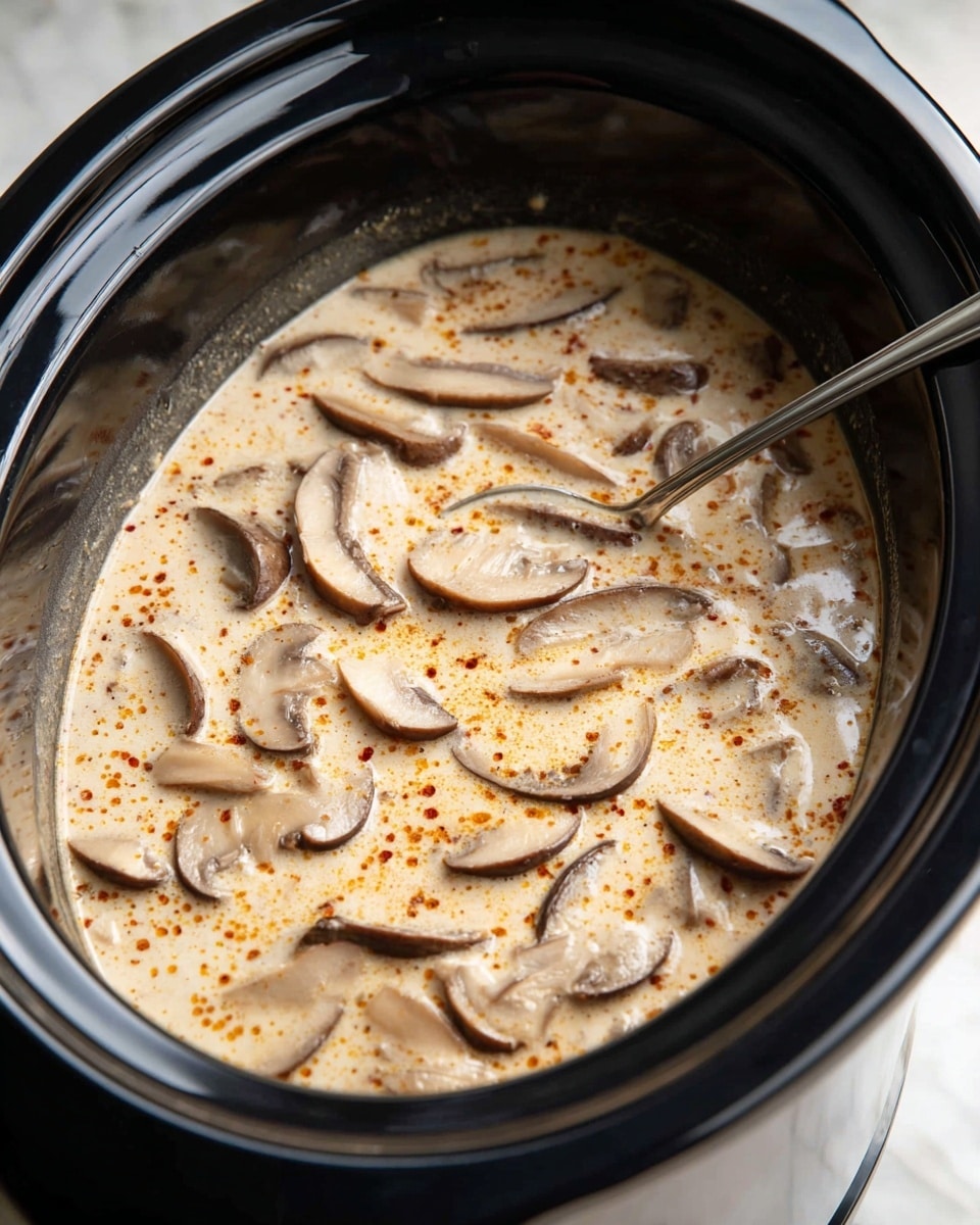 A close-up of a black slow cooker filled with creamy soup that has many slices of brown mushrooms floating on top. The soup is thick and light beige in color with a slight orange tint from spices sprinkled on the surface. A metal spoon is placed in the soup, partially submerged, showing the smooth texture of the liquid and the mushrooms. The surface underneath the cooker is a white marbled texture photo taken with an iphone --ar 4:5 --v 7