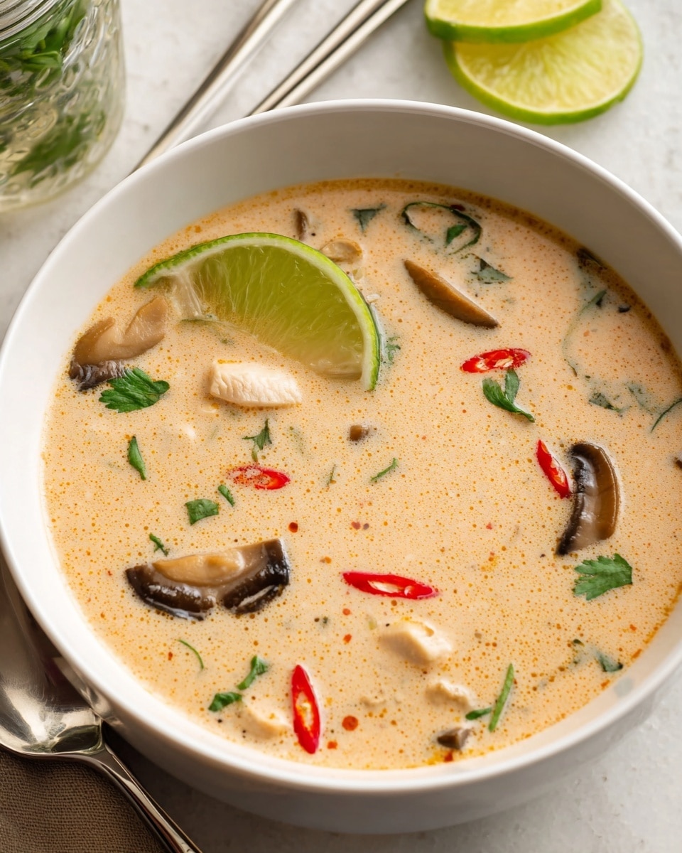 A white bowl filled with creamy light beige soup, showing slices of brown mushrooms floating on the surface, along with small bits of white chicken pieces. A wedge of fresh green lime rests on one side inside the soup. Small green herb leaves and thin red chili pieces are scattered on top, adding colorful accents. The bowl is placed on a white marbled surface, with a hint of a glass jar and some lime wedges in the background, and a pair of metal chopsticks lying diagonally near the bowl. photo taken with an iphone --ar 4:5 --v 7