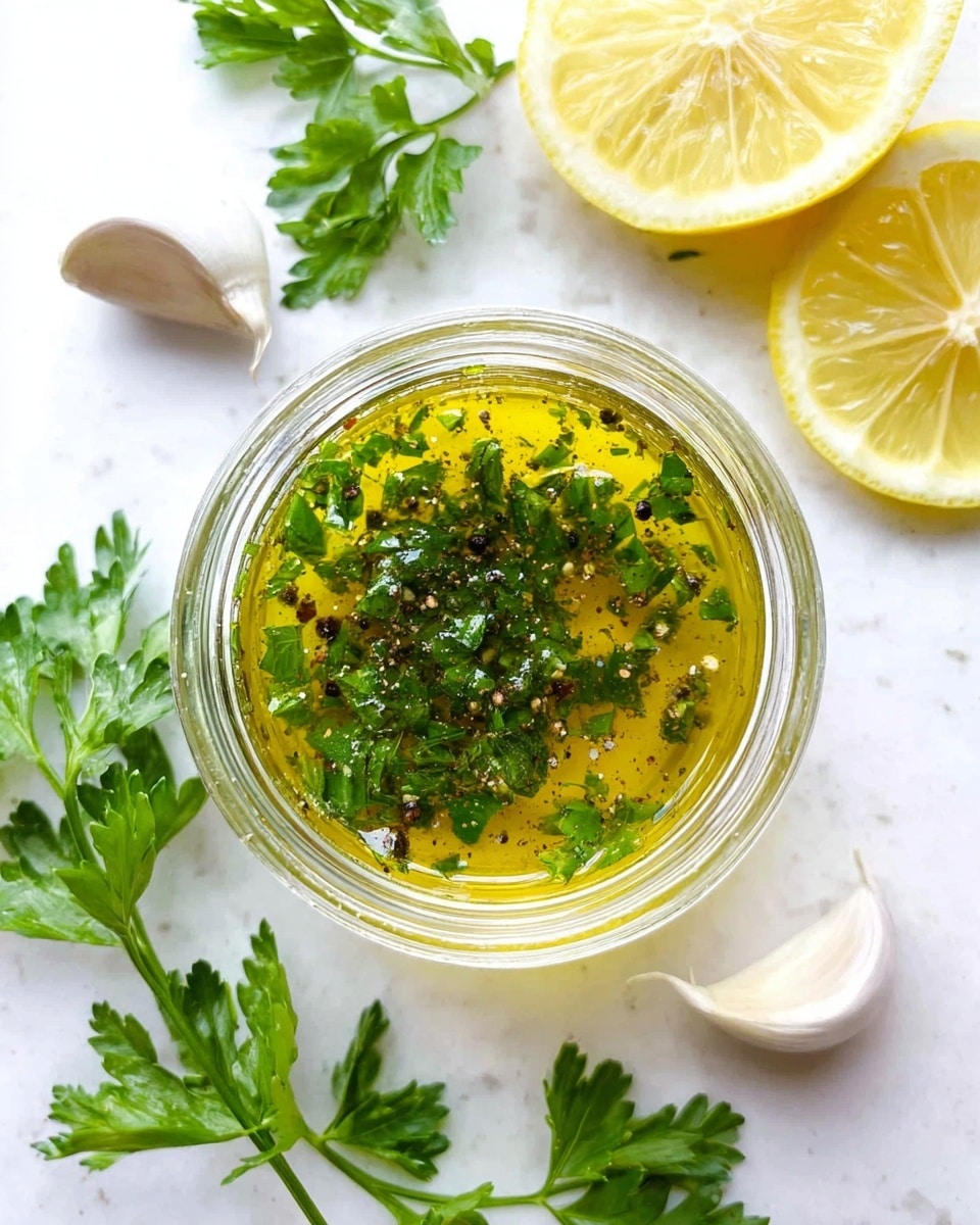 A small clear glass jar is filled with a yellow oil-based sauce mixed with chopped green herbs scattered throughout, some bits floating on top with black pepper specks. Around the jar on a white marbled surface are fresh green parsley leaves, two lemon halves showing bright yellow with a soft texture inside, and a white garlic bulb with a light pinkish tone. The image is bright and clean with the jar placed in the center, surrounded by fresh ingredients. Photo taken with an iphone --ar 4:5 --v 7