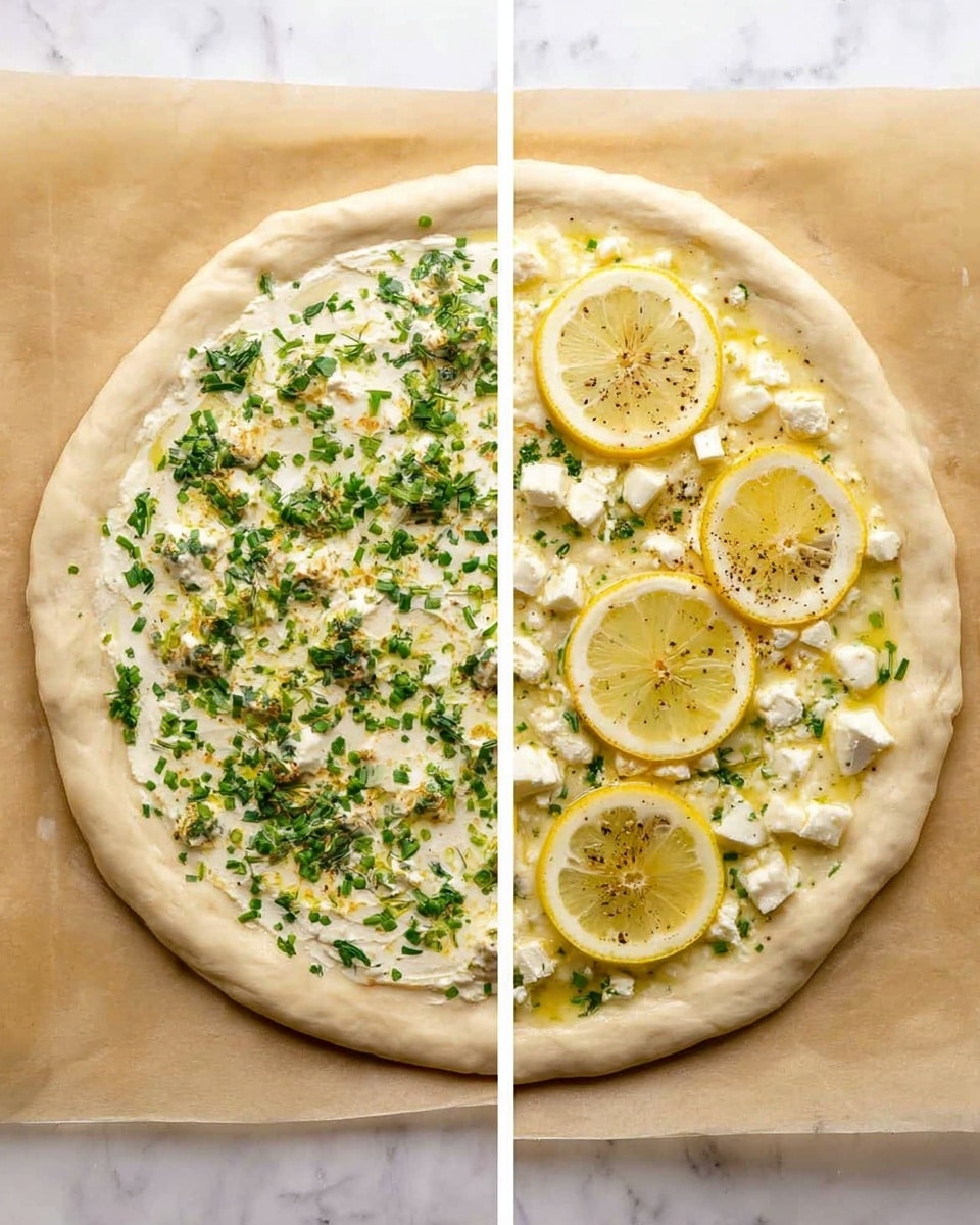 The image shows a round pizza dough on parchment paper with two versions side by side. On the left, the dough is spread with a creamy white sauce and sprinkled evenly with small bright green herbs, with a slightly raised pale edge around the crust. On the right, the same dough has added white cheese chunks scatterd over the green herbs and creamy base, along with three thin bright yellow lemon slices placed in a triangle, some black pepper is sprinkled on top. The background is a white marbled texture photo taken with an iphone --ar 4:5 --v 7
