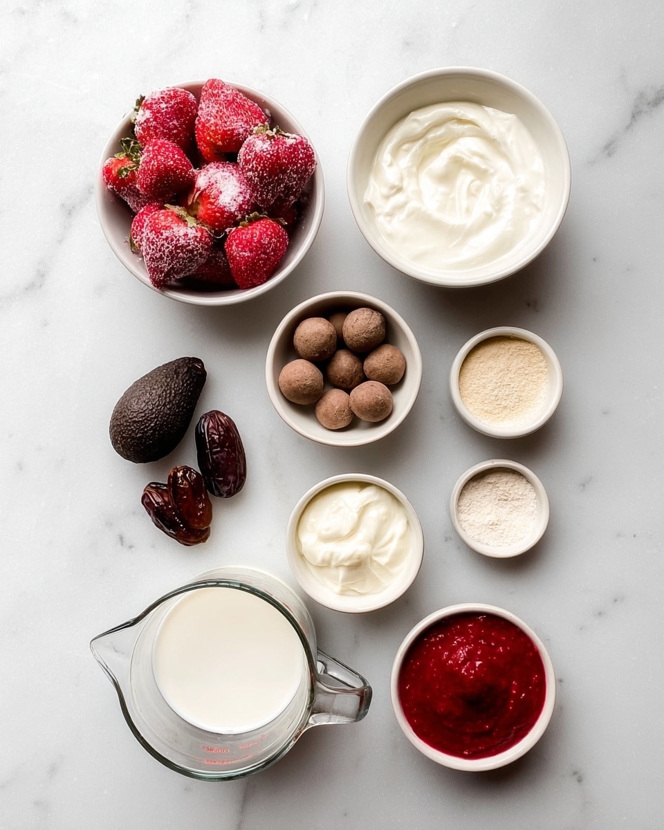 The image shows eight white bowls and containers arranged on a white marbled surface. Starting from the top left, there is a white bowl filled with frozen bright red strawberries with visible frost. To the right, there is a white bowl filled with thick creamy white yogurt. Below the strawberries, there is a small white bowl with brown round frozen balls, and to the right of that, a small white bowl holding a light beige powder. Below the frozen balls, a small white bowl with a smooth white cream. Centered below the bowls is a clear measuring cup filled with white liquid, likely milk. To the left of the cup, a dark brown whole avocado, and at the bottom center are two dark brown dates. On the bottom right is a small white bowl filled with bright red strawberry puree, smooth with a slightly glossy texture. The background is a clean white marbled surface. Photo taken with an iphone --ar 4:5 --v 7