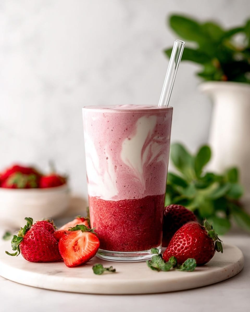 A clear glass filled with a three-layered smoothie sits on a round white marble board. The bottom layer is a thick, deep red strawberry mixture with visible seeds. The middle layer is a lighter pink smoothie that blends softly with the red below and has a creamy white swirl spreading unevenly through it. A clear straw sticks out from the top. Around the board, there are fresh halved strawberries and green leafy herbs scattered for decoration. The background shows a white colored jug and more green leaves with a white marbled surface beneath. photo taken with an iphone --ar 4:5 --v 7