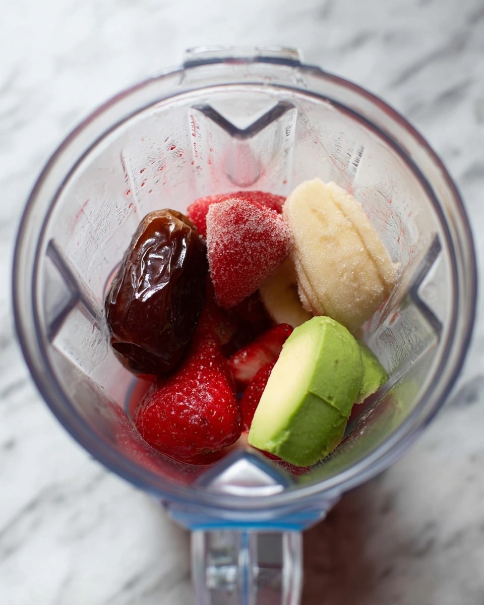 Inside a clear blender, there are six visible layers: at the bottom, a single dark brown date with a shiny texture; on top of the date, a pale yellowish-brown frozen banana piece with a frosty surface; next to the banana, three bright red frozen strawberries with a slightly icy look; beside the strawberries, a green avocado slice with a smooth texture and fresh appearance; the blender is placed on a white marbled surface, showing its transparent sides and blue-tinted base. Photo taken with an iphone --ar 4:5 --v 7