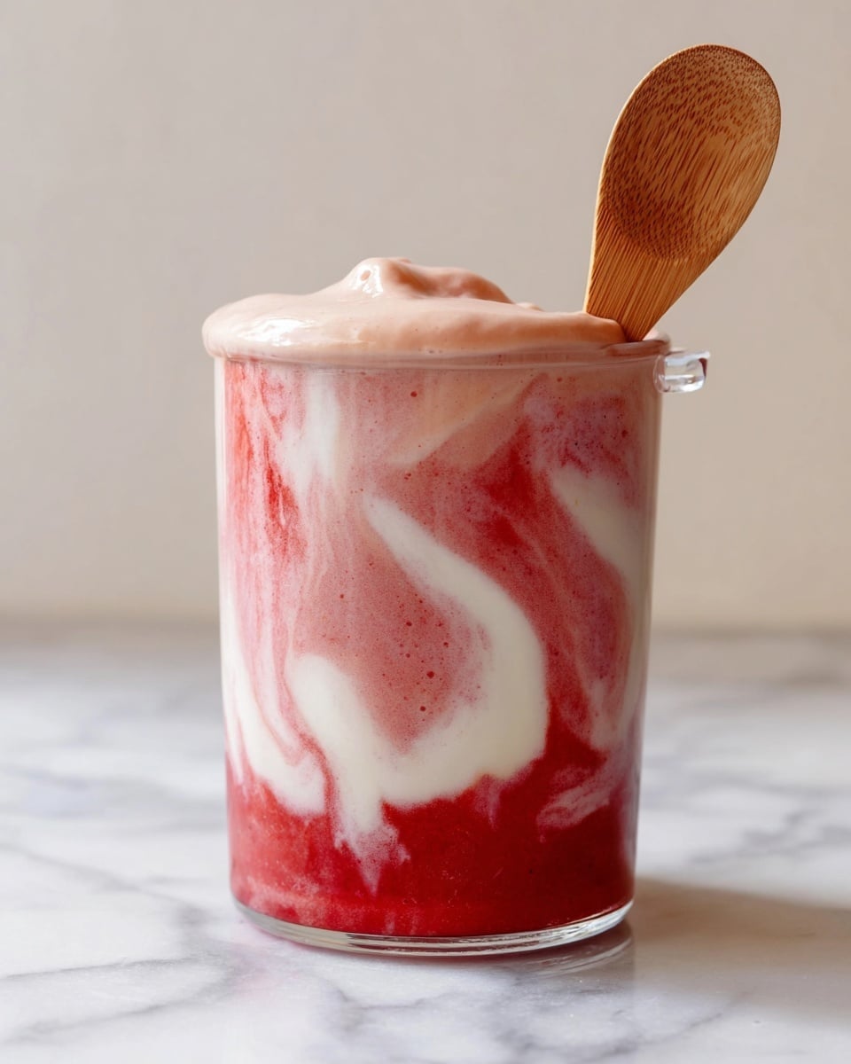 A clear glass cup filled with a layered smoothie featuring a thick red base at the bottom, above it swirled with smooth white streaks, and topped with a light pink creamy layer that slightly overflows. A wooden spoon is held in place by a clear loop on the right side of the glass. The cup is set on a white marbled surface, adding a clean and soft look to the scene. photo taken with an iphone --ar 4:5 --v 7