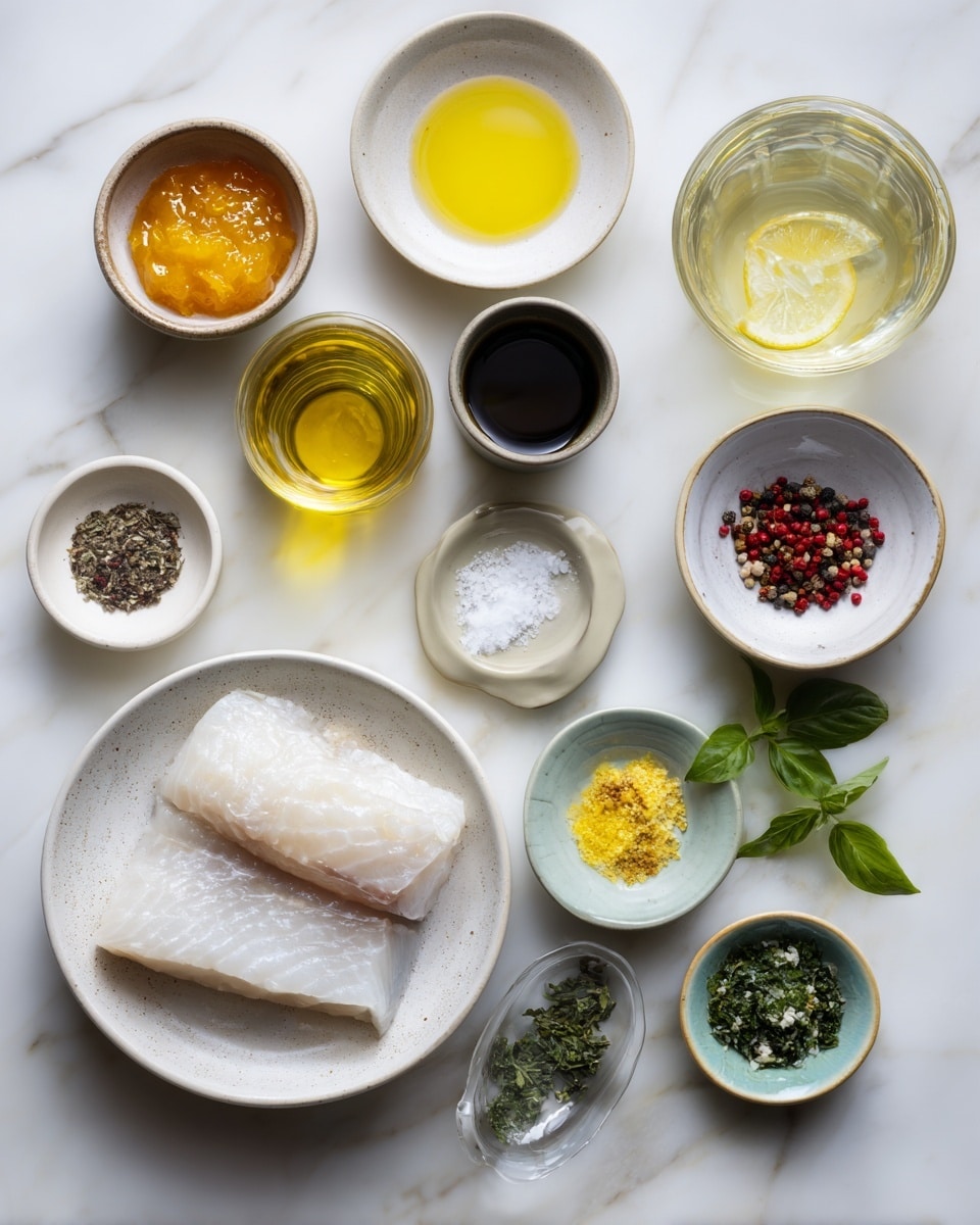 Top-down professional food photography, flat lay style, bright white marble countertop, neatly arranged, evenly spaced, tidy, clean organized layout. Include: small bowl of orange marmalade, small bowl of Dijon mustard, small glass cup of lemon juice, small glass cup of white wine substitute, small bowl of salt, small bowl of black pepper, small bowl of finely chopped fresh basil, small bowl of red pepper flakes, plate with raw halibut fillet with skin on. Bright soft natural lighting, sharp focus, high detail textures, realistic reflections, professional DSLR look, 4K. No finished dish, no cooked food, no hands, no text, no watermark, no brand logos --ar 4:5 --v 7