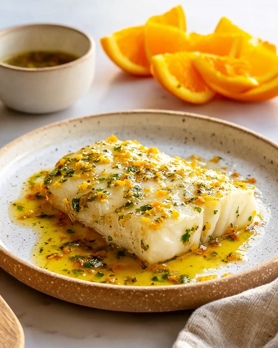 The image shows a single piece of cooked white fish placed on a round white plate with a speckled texture, resting on a white marbled surface. The fish is covered with a glossy, golden-yellow sauce mixed with small green herb pieces and bits of orange zest, creating a slight shine and moist look. Around the fish, there is some sauce pooling gently on the plate. In the background, there are three orange wedges and a small white bowl with more sauce. A beige cloth napkin is partially visible in the lower right corner. The setting is lit with soft natural light. Photo taken with an iphone --ar 4:5 --v 7