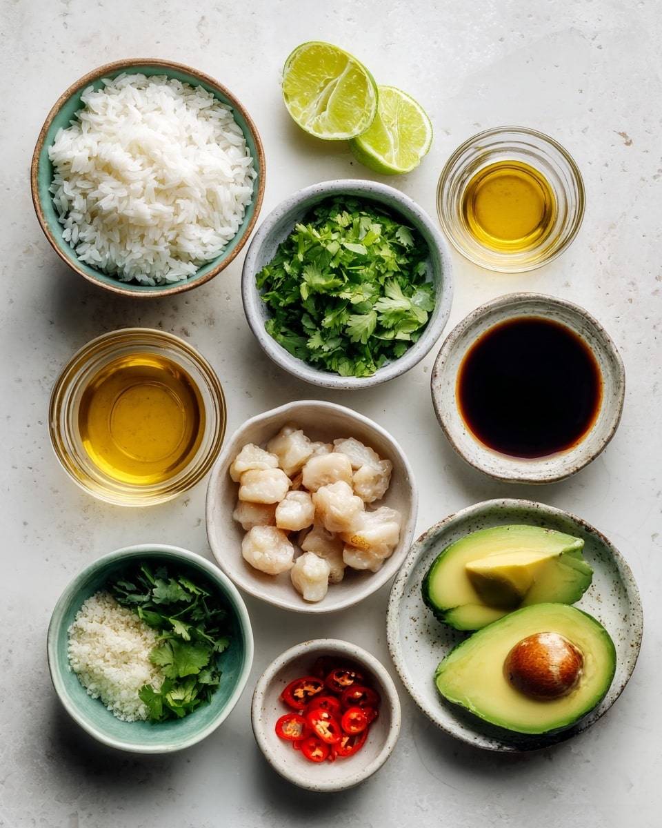 Top-down professional food photography, flat lay style, bright white marble countertop, neatly arranged, evenly spaced, tidy, clean organized layout, include: bowl of uncooked jasmine rice, small bowl of chopped fresh cilantro, small plate of prepared chicken pieces, small glass cup of olive oil, small glass cup of honey, small glass cup of fresh lime juice, small glass cup of soy sauce, small bowl of minced garlic, small bowl of grated fresh ginger, small bowl of chopped red chili, small plate with sliced ripe avocado, bright soft natural lighting, sharp focus, high detail textures, realistic reflections, professional DSLR look, 4K, no finished dish, no cooked food, no hands, no text, no watermark, no brand logos --ar 4:5 --v 7
