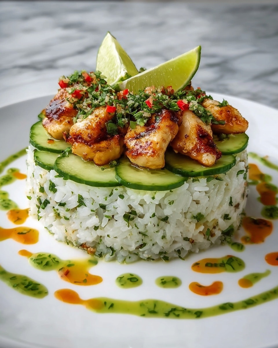 A white plate holds a layered dish with three distinct layers. The bottom layer is white rice mixed with green herbs, shaped into a round mound. On top of the rice sits a circle of cut cucumber slices with bright green skin and pale green inside, arranged neatly around the edge. The top layer consists of several pieces of grilled, golden-brown chicken with a slightly crispy surface, garnished with chopped green herbs and small bits of red pepper. Two lime wedges rest on top of the chicken, adding a fresh green touch. Around the plate, there are drops of green and orange sauce creating a decorative pattern. The background is a white marbled texture. Photo taken with an iphone --ar 4:5 --v 7