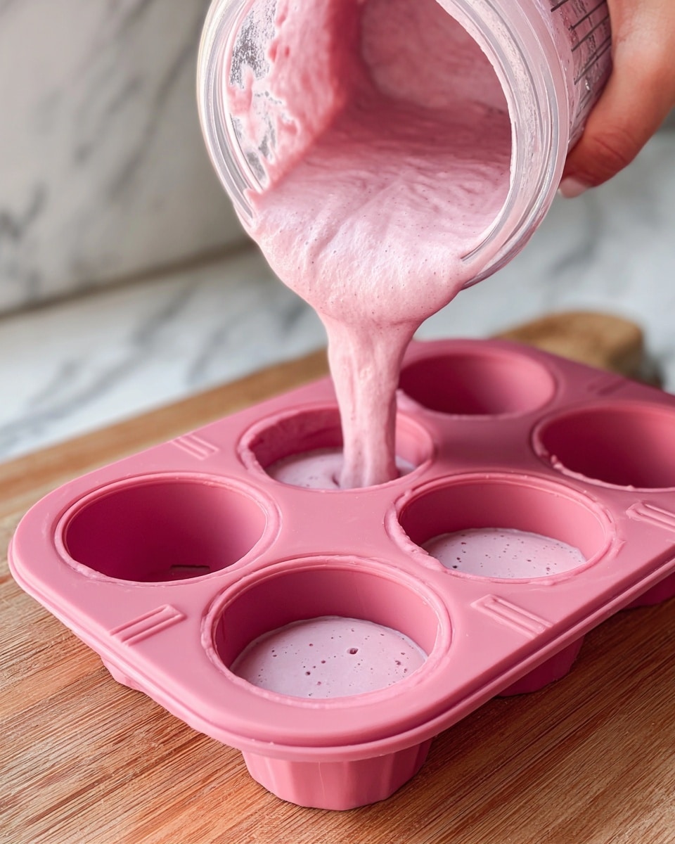 Thick, pink batter is being poured from a clear blending container into the cups of a pink silicone mold with six round slots. Two cups are partially filled with the same pink, smooth batter showing small air bubbles and a creamy texture. The mold sits on a wooden surface, with a blurred white marbled background. A woman’s hand holds the blending container at the top left corner of the image. Photo taken with an iphone --ar 4:5 --v 7