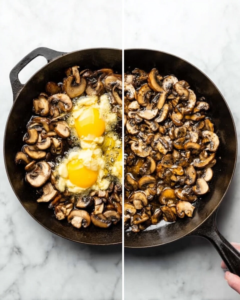 The image shows a black cast iron pan filled with cooked sliced mushrooms. In the left part of the image, the mushrooms are topped with two dollops of melting butter, with a woman's hand holding the pan's handle. In the right part of the image, the butter has melted and mixed with the mushrooms, which look shiny and soft. Both pans sit on a white marbled surface, creating a clean and bright background. photo taken with an iphone --ar 4:5 --v 7