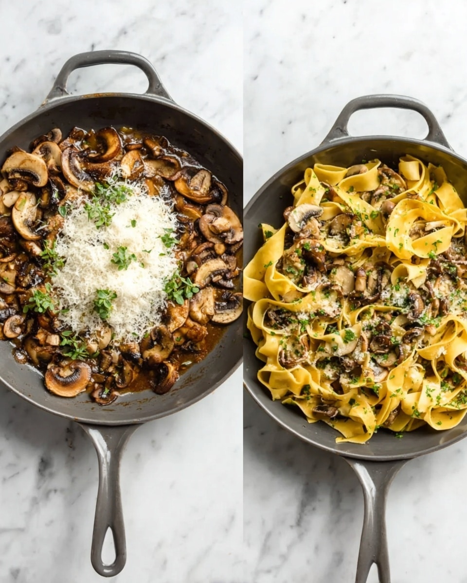 The first skillet shows cooked sliced mushrooms in brown sauce with a pile of grated white cheese in the center, topped with small green herb leaves, all set on a white marbled surface. The second skillet contains wide, pale yellow pasta ribbons mixed with cooked sliced mushrooms and sprinkled with small green herb leaves, also set on a white marbled surface. Both skillets are gray with handles. photo taken with an iphone --ar 4:5 --v 7