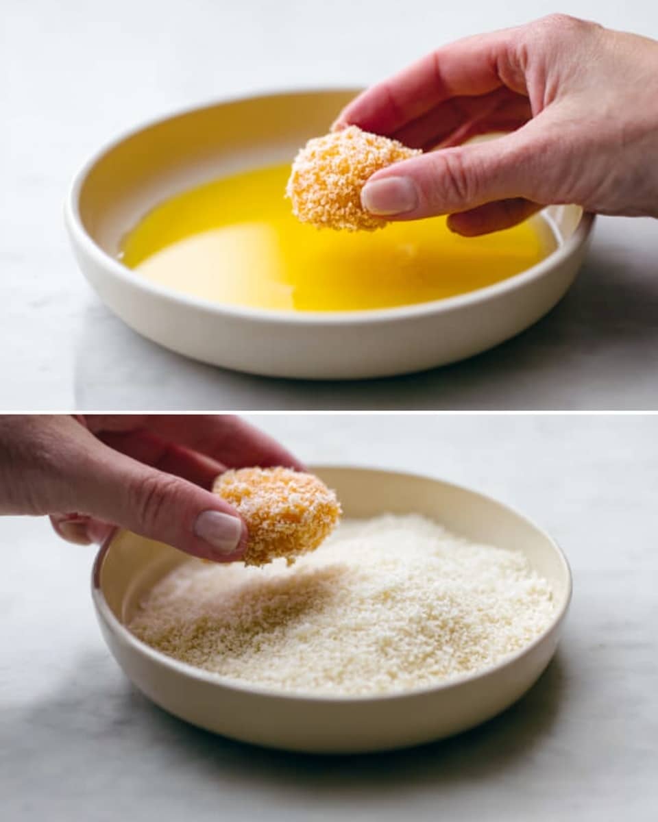 A woman’s hand is seen dipping a small rounded food piece first into a shallow white bowl filled with a bright yellow liquid mixture with a smooth texture, then placing it into another shallow white bowl filled with coarse, white, grainy crumbs; both bowls rest on a white marbled surface. The hand holds the food piece gently above the surface of each bowl, showing a step-by-step coating process. Photo taken with an iphone --ar 4:5 --v 7