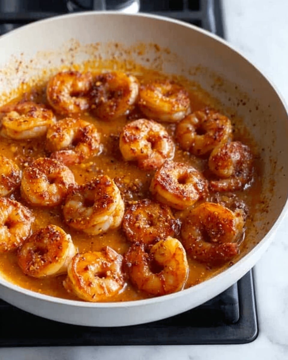 A white pan filled with cooked shrimp in a thick orange sauce, each shrimp coated evenly and slightly shiny, arranged in a single layer. The orange sauce has small bits of spices visible, covering the bottom of the pan and partly surrounding the shrimp. The pan rests on a white marbled surface. Photo taken with an iphone --ar 4:5 --v 7