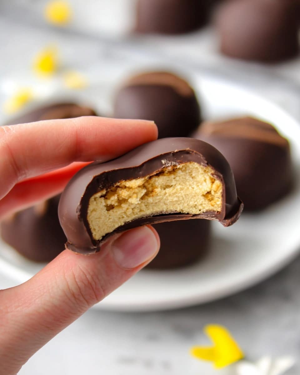 A close-up of a woman's hand holding a round, chocolate-covered treat with a bite taken out, revealing a light tan, crumbly inside layer that appears soft and dense. The chocolate shell is smooth and dark brown, wrapping evenly around the lighter filling. In the blurred background, more chocolate treats are placed on a white plate on a white marbled surface, with small yellow and white flower petals scattered around. Photo taken with an iphone --ar 4:5 --v 7