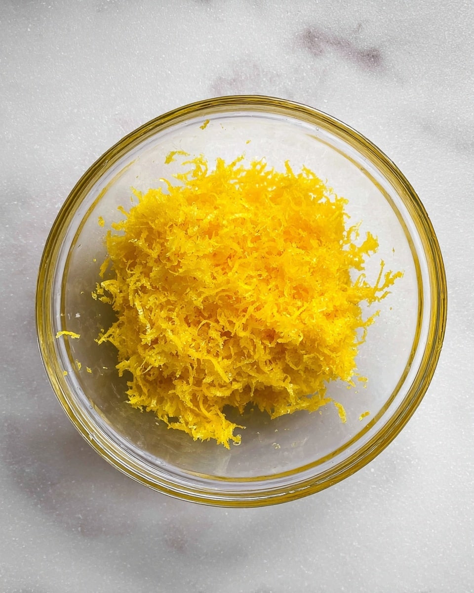 A clear glass bowl sits on a white marbled surface, filled with a single layer of bright yellow lemon zest. The zest is finely shredded, showing a light and fluffy texture with tiny curls and strands scattered around the edges inside the bowl. The inside of the bowl is smooth and shiny, contrasting with the rough texture of the zest. photo taken with an iphone --ar 4:5 --v 7