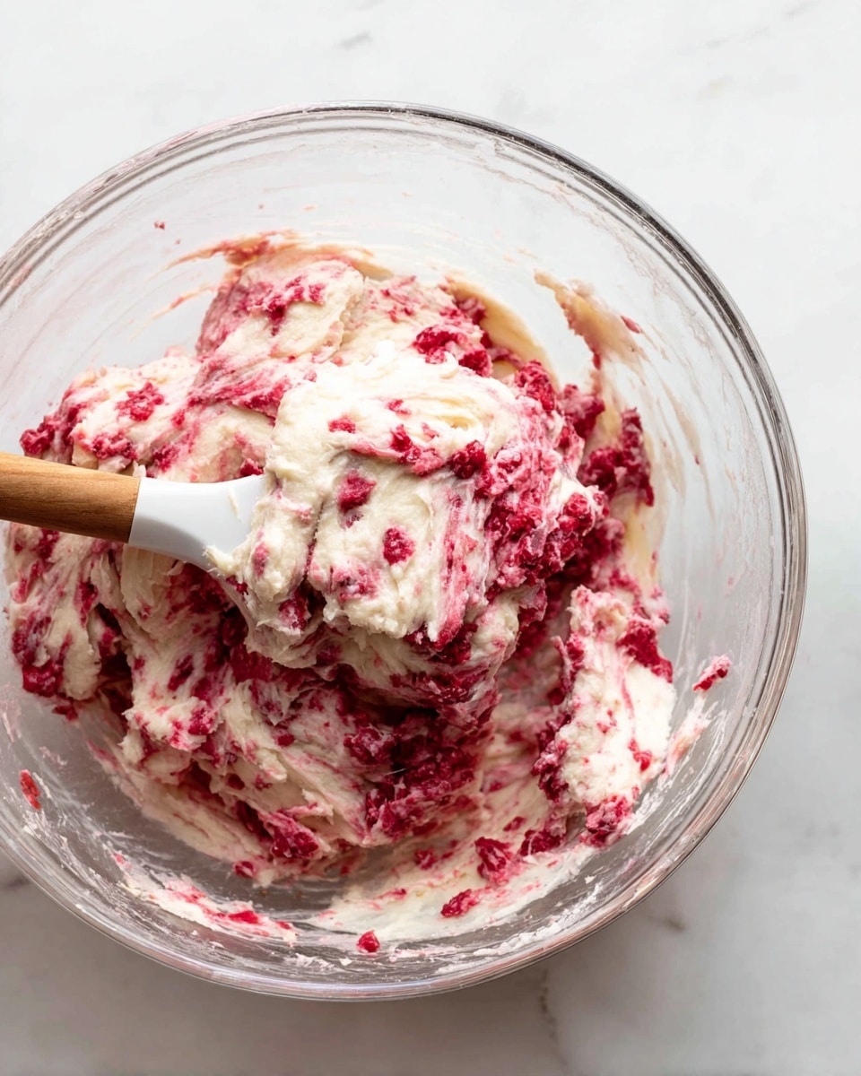 A clear glass bowl sits on a white marbled surface, filled with a mixture that has two main layers swirled together: a creamy off-white dough and bright pinkish-red raspberry pieces. The texture looks soft and slightly chunky, with the raspberry bits spread unevenly throughout the dough. A spatula with a white rubber edge and a wooden handle is partly covered in the mixture and rests inside the bowl. photo taken with an iphone --ar 4:5 --v 7