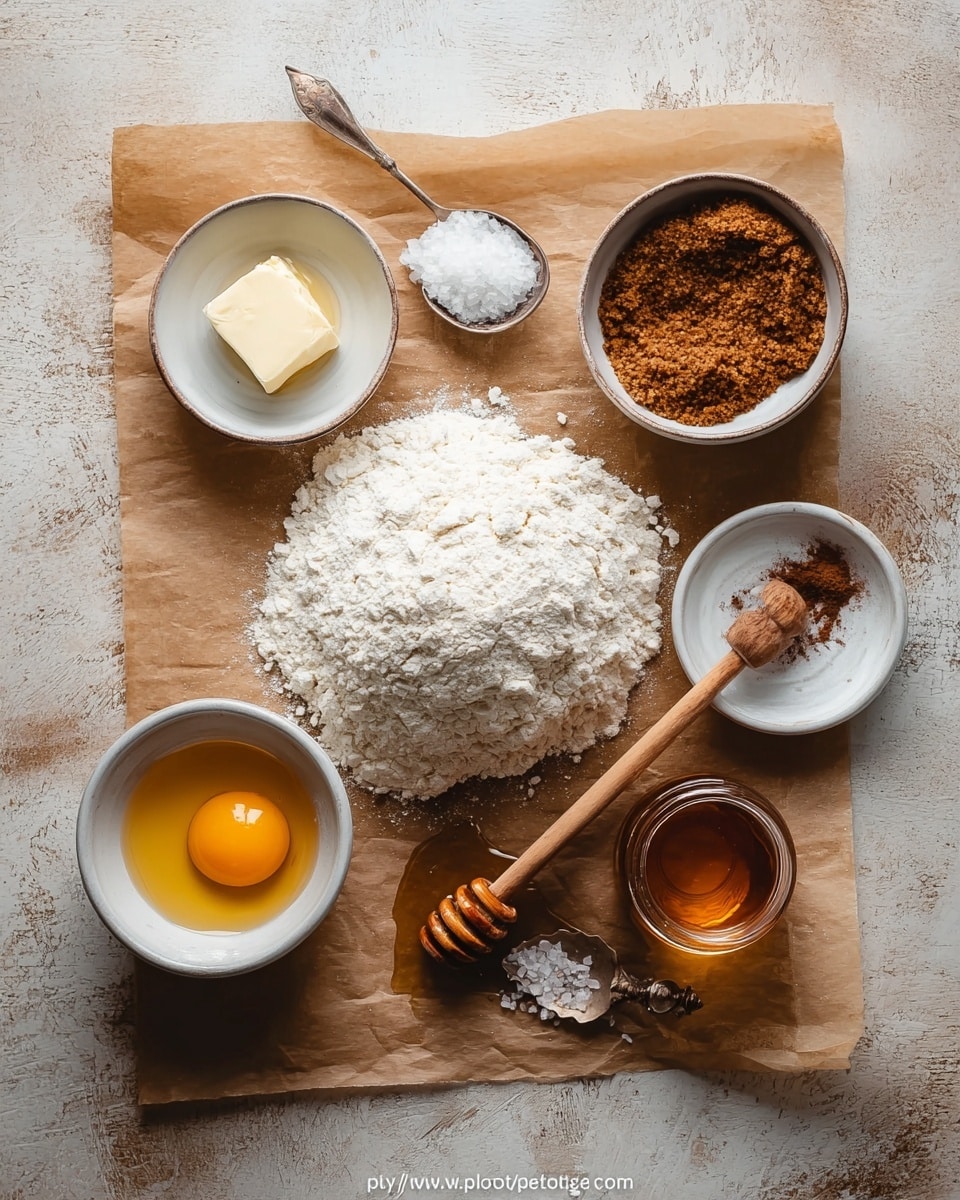 The image shows baking ingredients arranged on brown parchment paper placed over a wooden surface. In the center is a large heap of white flour with a textured, powdery look. To the top right, there is a bowl filled with dark brown sugar, with a crumbly texture. Below that, a small bowl contains a reddish-brown spice powder with a smooth surface. On the left side, a rectangular stick of pale yellow butter sits close to the flour. At the bottom left, a white bowl holds a single raw egg with a bright yellow yolk and translucent white. In the middle bottom, there is a glass jar with golden honey and a wooden honey dipper resting on top, with honey dripping slightly from it. To the right, a metal spoon contains coarse salt crystals, some spilled onto the wood below. The whole setup is lit softly, casting gentle shadows on the rustic wooden surface. Photo taken with an iphone --ar 4:5 --v 7