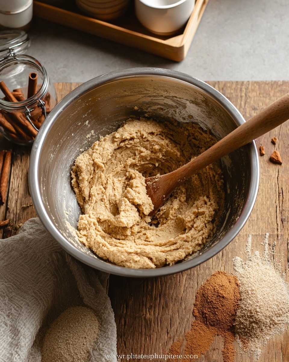 A metal mixing bowl sits on a wooden surface, filled with one thick layer of light brown dough that has a soft, slightly textured surface with visible swirls made by stirring. A wooden spoon rests inside the bowl, its handle leaning out towards the left side. Near the bowl at the bottom left is a glass jar filled with tightly rolled cinnamon sticks, and to the bottom right is a small pile of light brown sugar crystals. The background is a white marbled texture with blurred kitchen containers. photo taken with an iphone --ar 4:5 --v 7