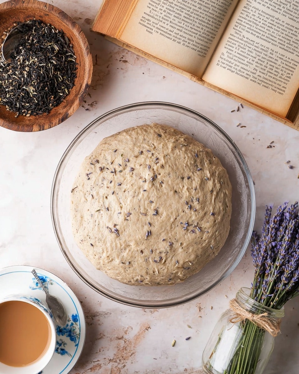A round, slightly rough dough with small dark flakes is placed in a clear glass bowl, centered on a white marbled wooden surface. The dough looks soft and stretched, filling most of the bowl. Around the bowl are different objects: a small wooden bowl filled with black tea leaves topped with small purple lavender flowers, an open book with visible text under the wooden bowl and a metal spoon, a white cup of light brown tea with a blue floral pattern on its edge, and a small glass jar holding more lavender tied with twine. Photo taken with an iphone --ar 4:5 --v 7