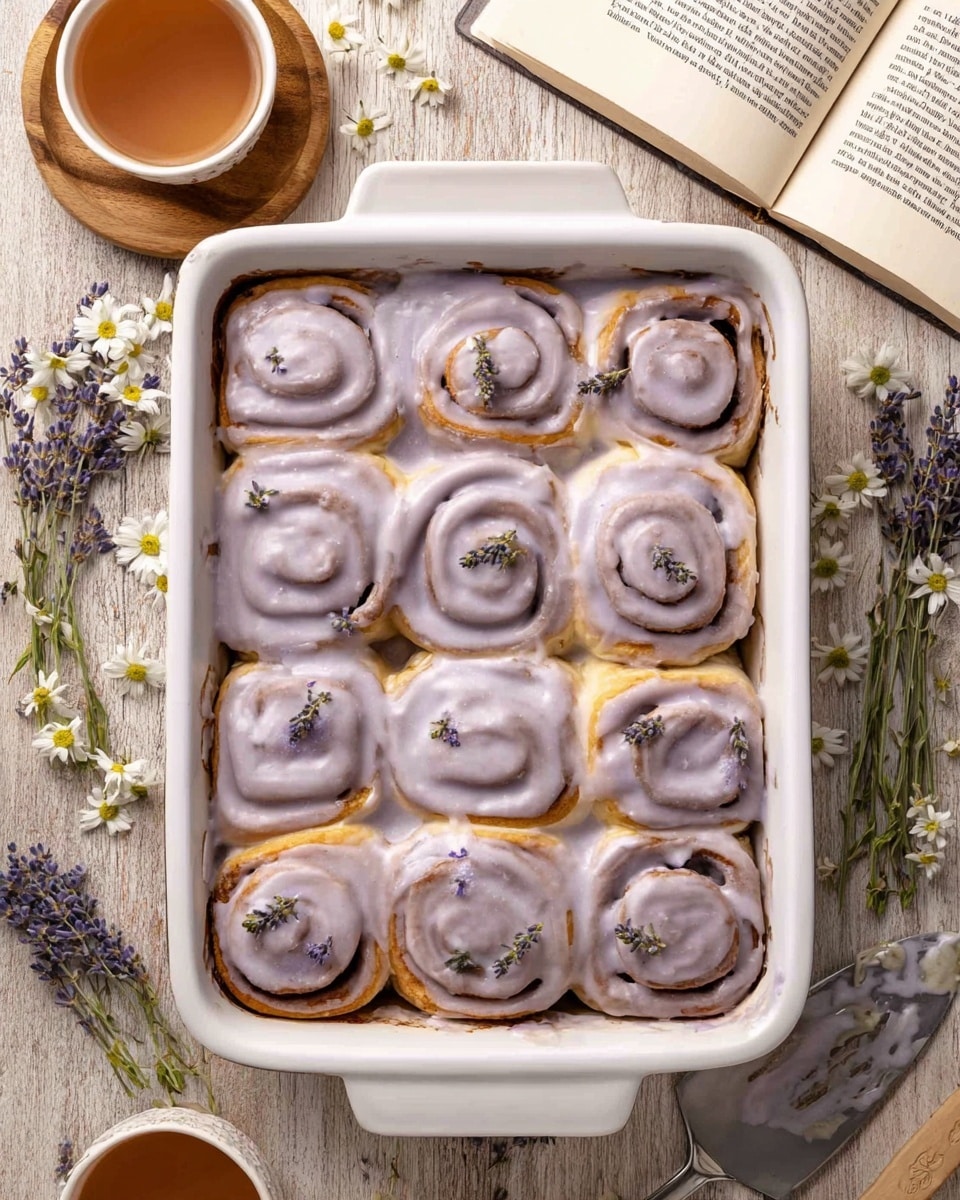 A white rectangular baking dish filled with twelve cinnamon rolls arranged in three rows of four, each roll topped with a thick, light purple glaze that softly covers the swirled layers of dough, showing hints of golden brown beneath. Small sprigs of lavender are placed on top of some rolls, adding a touch of delicate purple color. The dish sits on a light brown wooden surface with lavender sprigs and white chamomile flowers scattered around, with a cup of light brown tea to the top left and an open book with a wooden bowl of lavender next to it on the top right. A cake server with a white chamomile flower design rests near the bottom right corner. Photo taken with an iphone --ar 4:5 --v 7