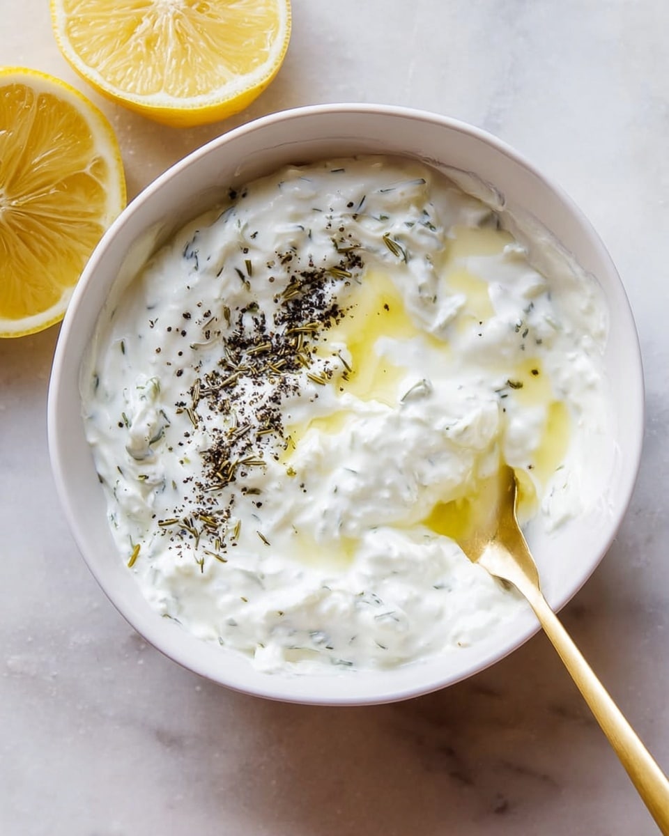 A white bowl filled with a creamy white yogurt mixture that has small green herb bits mixed throughout, topped with a small pool of light yellow liquid and a line of coarse black pepper on one side; a gold spoon rests inside the bowl, partially submerged in the yogurt. The bowl is placed on a white marbled surface with two lemon halves nearby, showing their bright yellow flesh. Photo taken with an iphone --ar 4:5 --v 7