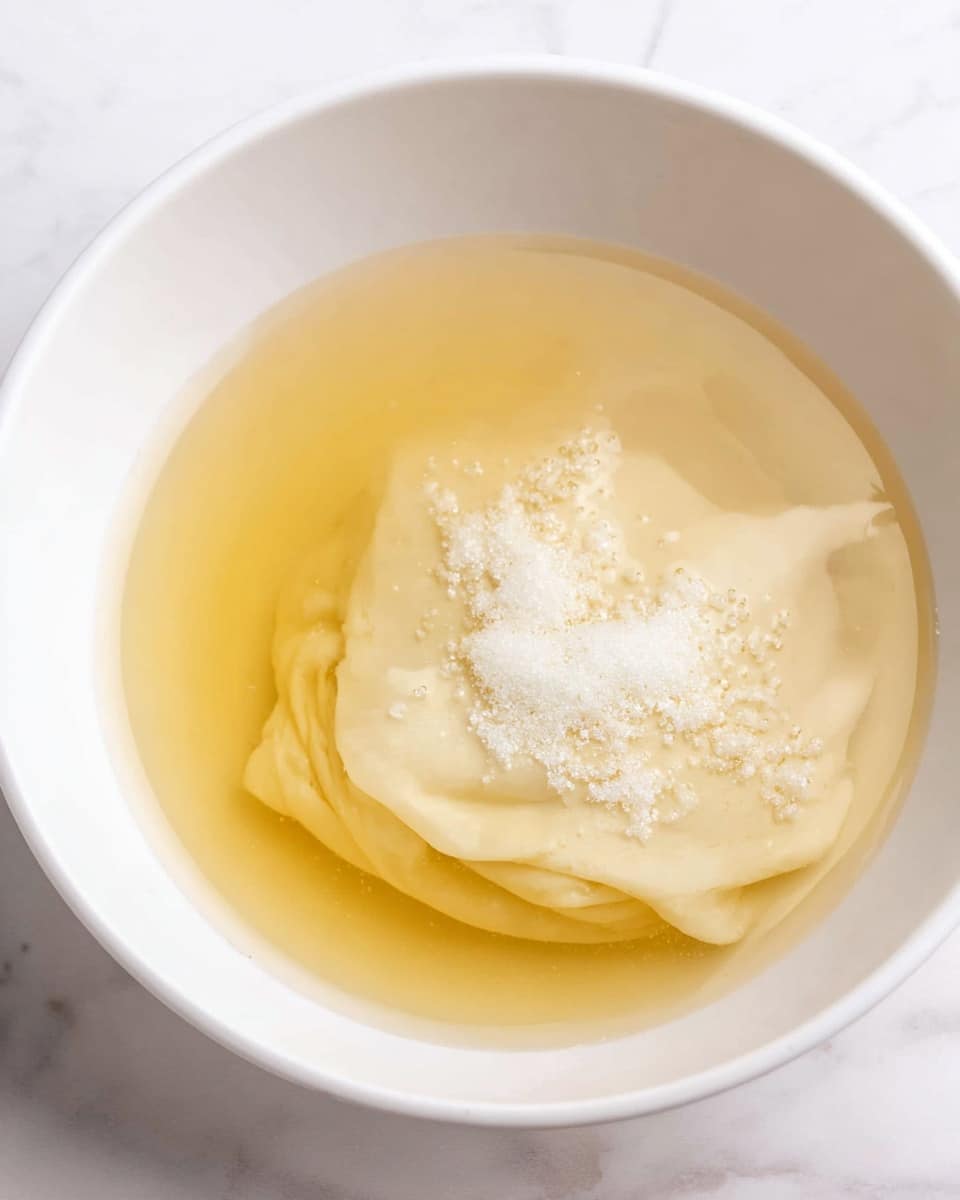 A white bowl holds clear golden liquid with a smooth, creamy dough sheet submerged in it. The dough is light beige and slightly wrinkled, folding gently under the liquid's surface. White granulated sugar is sprinkled in small heaps on top of the dough, adding a grainy texture contrast to the smooth liquid and soft dough below. The bowl rests on a white marbled surface. Photo taken with an iphone --ar 4:5 --v 7
