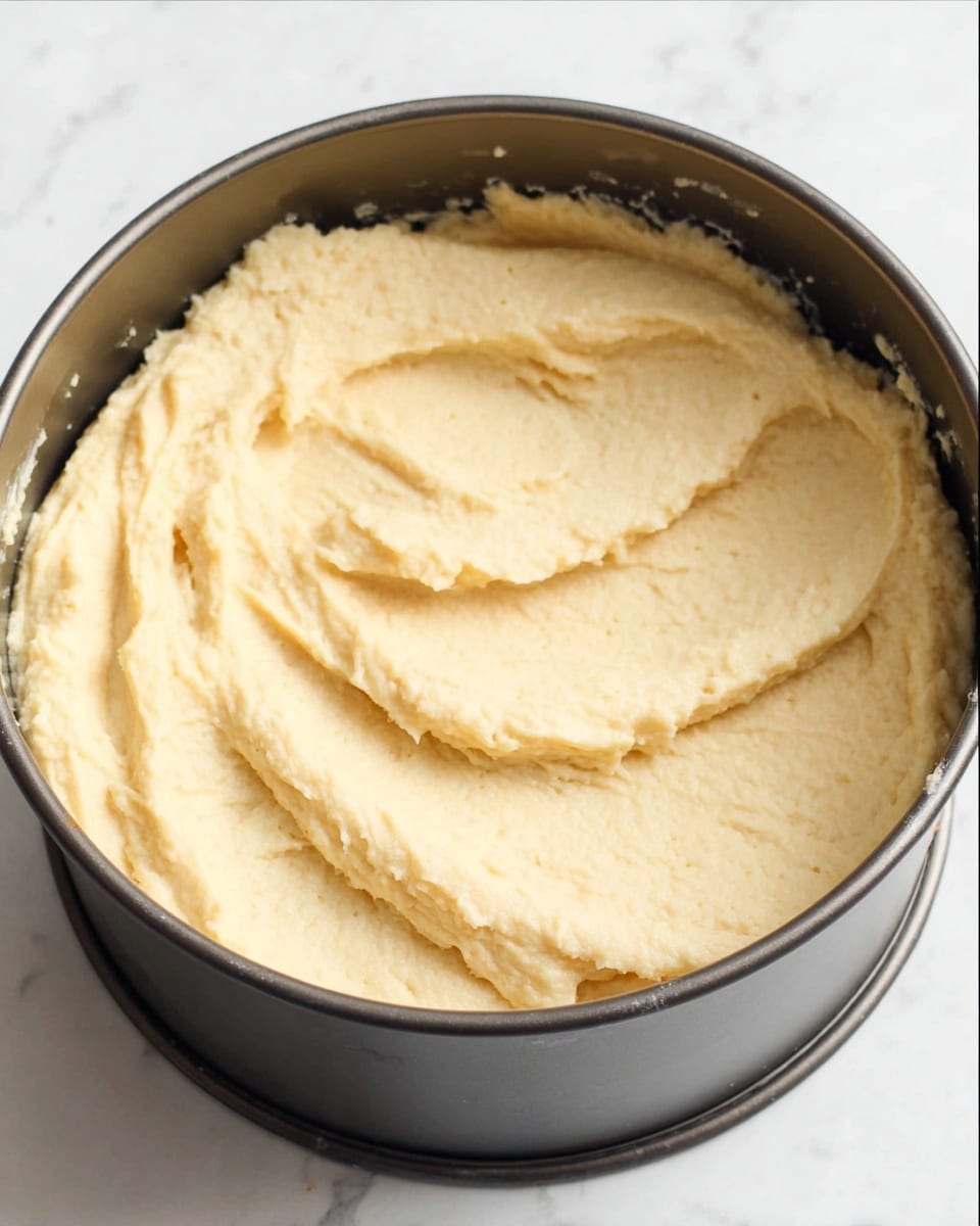 The image shows a springform pan with thick, pale yellow cake batter spread inside. The batter has a creamy, smooth texture with some soft ridges on top, filling most of the pan. The pan is dark metal and open on top, placed on a white marbled surface. Photo taken with an iphone --ar 4:5 --v 7