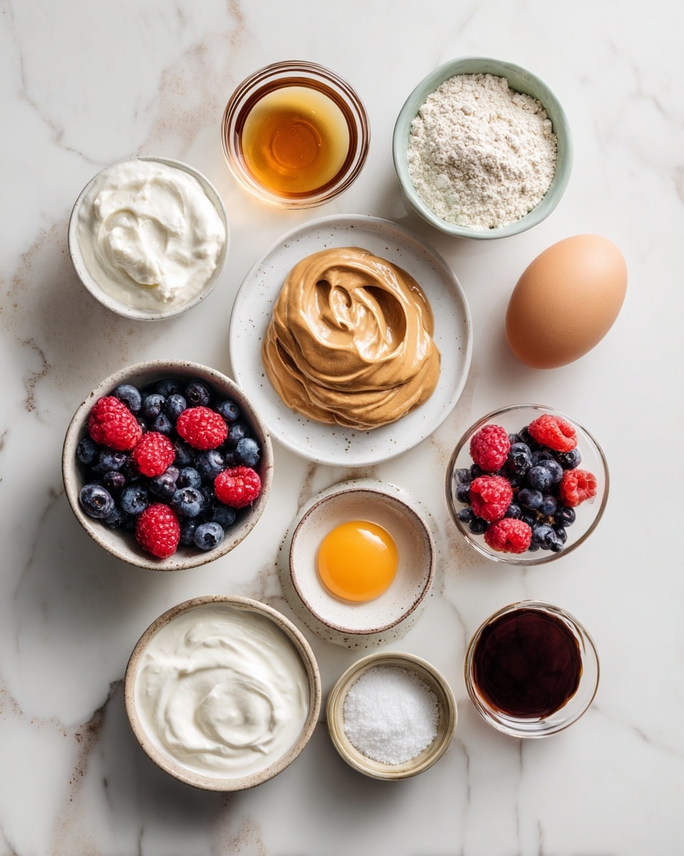 Top-down professional food photography flat lay style, bright white marble countertop, neatly arranged evenly spaced tidy clean organized layout, include: small bowl of thick coconut or Greek yogurt, small bowl of protein powder, small plate with one egg, small glass cup of maple syrup or honey, small bowl of cashew or almond butter, small bottle of vanilla flavoring, small pinch of sea salt in a small bowl, small bowl of mixed fresh berries, bright soft natural lighting sharp focus high detail textures realistic reflections professional DSLR look 4K, no finished dish no cooked food no hands no text no watermark no brand logos --ar 4:5 --v 7