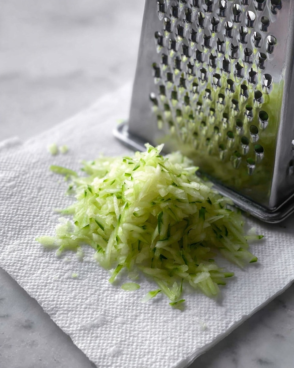 A shiny metal box grater is positioned on a white marbled surface with a small pile of light green, freshly grated cucumber resting on a white textured paper towel next to it. The grated cucumber is thin and moist, showing fine layers of pale green with hints of darker green skin, creating a soft and fresh texture. The focus is on the cucumber shreds and the side of the grater with its perforated holes catching subtle reflections. Photo taken with an iphone --ar 4:5 --v 7