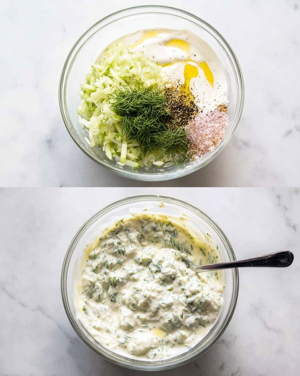 A clear glass bowl sits on a white marbled surface, showing two stages of a creamy sauce. On the left, the bowl contains distinct layers including creamy white yogurt as the largest base, pale green shredded cucumber at the front, a small heap of minced garlic and dill to the side, some black pepper and pink salt sprinkled on top, and a drizzle of golden olive oil on the rim. On the right, the ingredients are fully mixed into a thick, creamy sauce with tiny green herb bits spread throughout and a dark spoon resting inside. Photo taken with an iphone --ar 4:5 --v 7