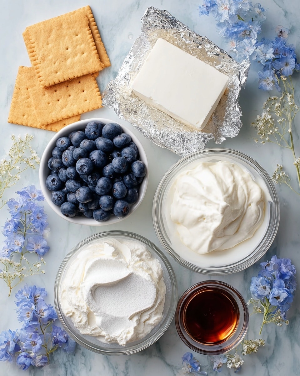 A top view of recipe ingredients arranged neatly on a white marbled surface. There are six items: on the top right, a silver foil holding a block of white cream cheese; below it, a glass bowl filled with thick white sour cream. Below the sour cream, a tiny glass bowl with dark amber vanilla extract. To the bottom left, a glass bowl filled with fluffy white whipped cream. Above that, a white bowl full of fresh blueberries with deep blue color. Above the blueberries, a white bowl with fine white powdered sugar. Surrounding the items, there are a few golden brown graham crackers and delicate blue and white flower petals scattered around. The setting feels clean and fresh. photo taken with an iphone --ar 4:5 --v 7
