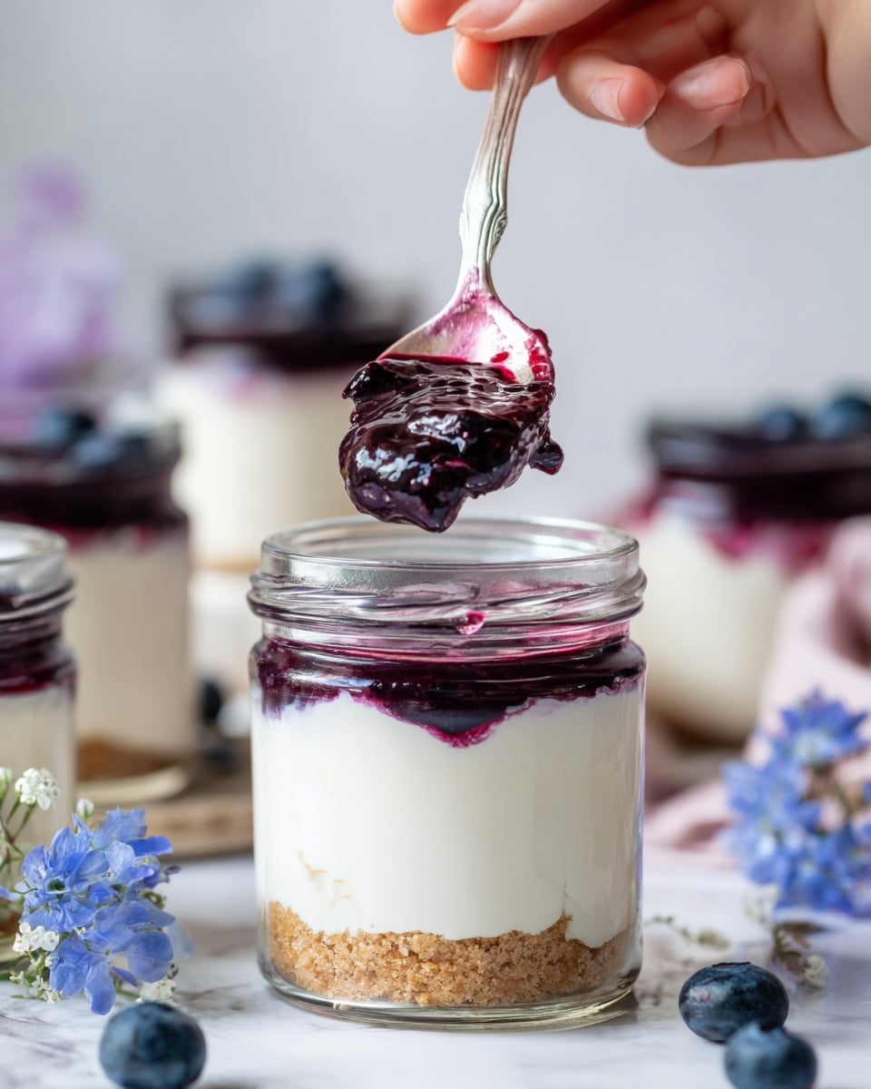 A clear glass jar holds a three-layer dessert against a white marbled background. The bottom layer is a crumbly, light brown base. Above this is a thick, creamy white middle layer with a smooth texture. The top layer is a glossy, deep purple berry sauce that looks rich and slightly chunky. A woman's hand holds a spoon with a scoop showing all three layers clearly. Around the main jar are other similar jars blurred in the background, along with scattered blueberries and soft blue flowers, giving a fresh and inviting look. Photo taken with an iphone --ar 4:5 --v 7