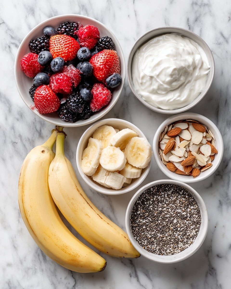 Top-down professional food photography, flat lay style, bright white marble countertop, neatly arranged, evenly spaced, tidy, clean organized layout. Include: bowl of Greek yogurt, small bowl of fresh mixed berries, small bowl of sliced banana, small bowl of chia seeds, small bowl of sliced almonds. Bright soft natural lighting, sharp focus, high detail textures, realistic reflections, professional DSLR look, 4K. No finished dish, no cooked food, no hands, no text, no watermark, no brand logos --ar 4:5 --v 7