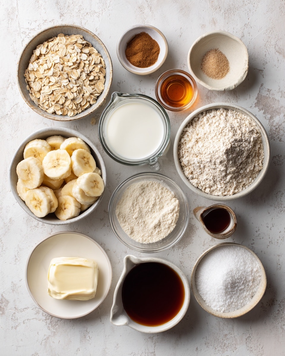 Top-down professional food photography, flat lay style, bright white marble countertop, neatly arranged, evenly spaced, tidy, clean organized layout, include: bowl of gluten-free quick oats, bowl with ripe banana slices, glass measuring cup of unsweetened plant milk, small bowl of dairy-free yogurt, small glass cup of pure maple syrup, small bottle of vanilla essence, small bowl of baking powder, small bowl of ground cinnamon, small bowl of salt, small plate with melted vegan butter, small bowl of coconut sugar, small bowl of oat flour, small bowl of powdered sugar, small glass cup of plant milk for icing, small bottle of vanilla essence for icing, bright soft natural lighting, sharp focus, high detail textures, realistic reflections, professional DSLR look, 4K, no finished dish, no cooked food, no hands, no text, no watermark, no brand logos --ar 4:5 --v 7